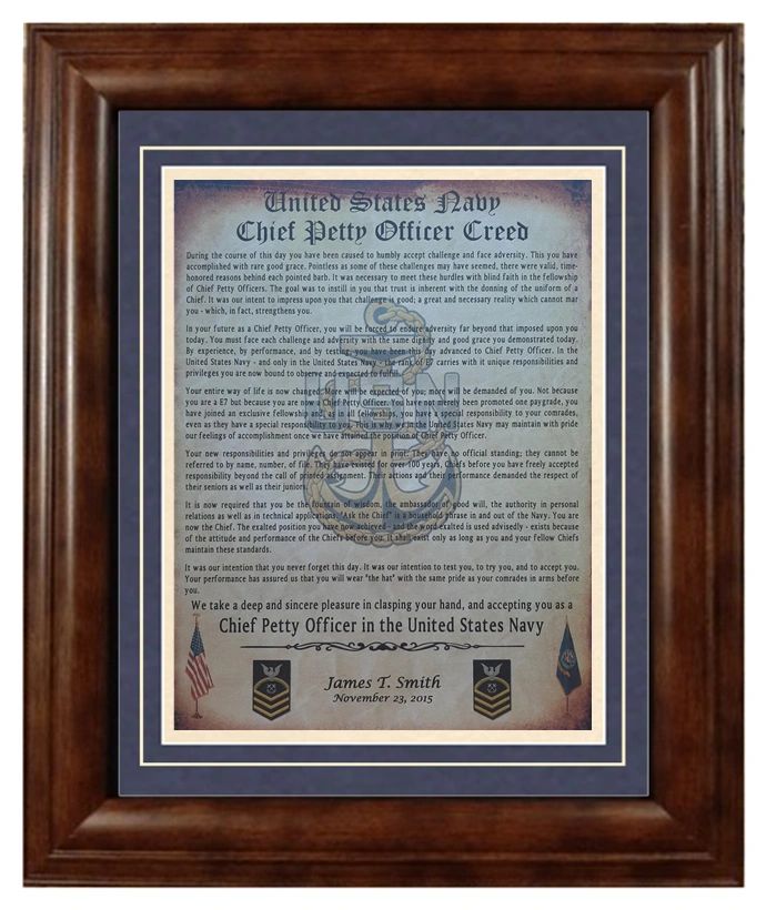 BEST US Navy Chief Petty Officer CPO Creed Aged Parchment Framed Matted